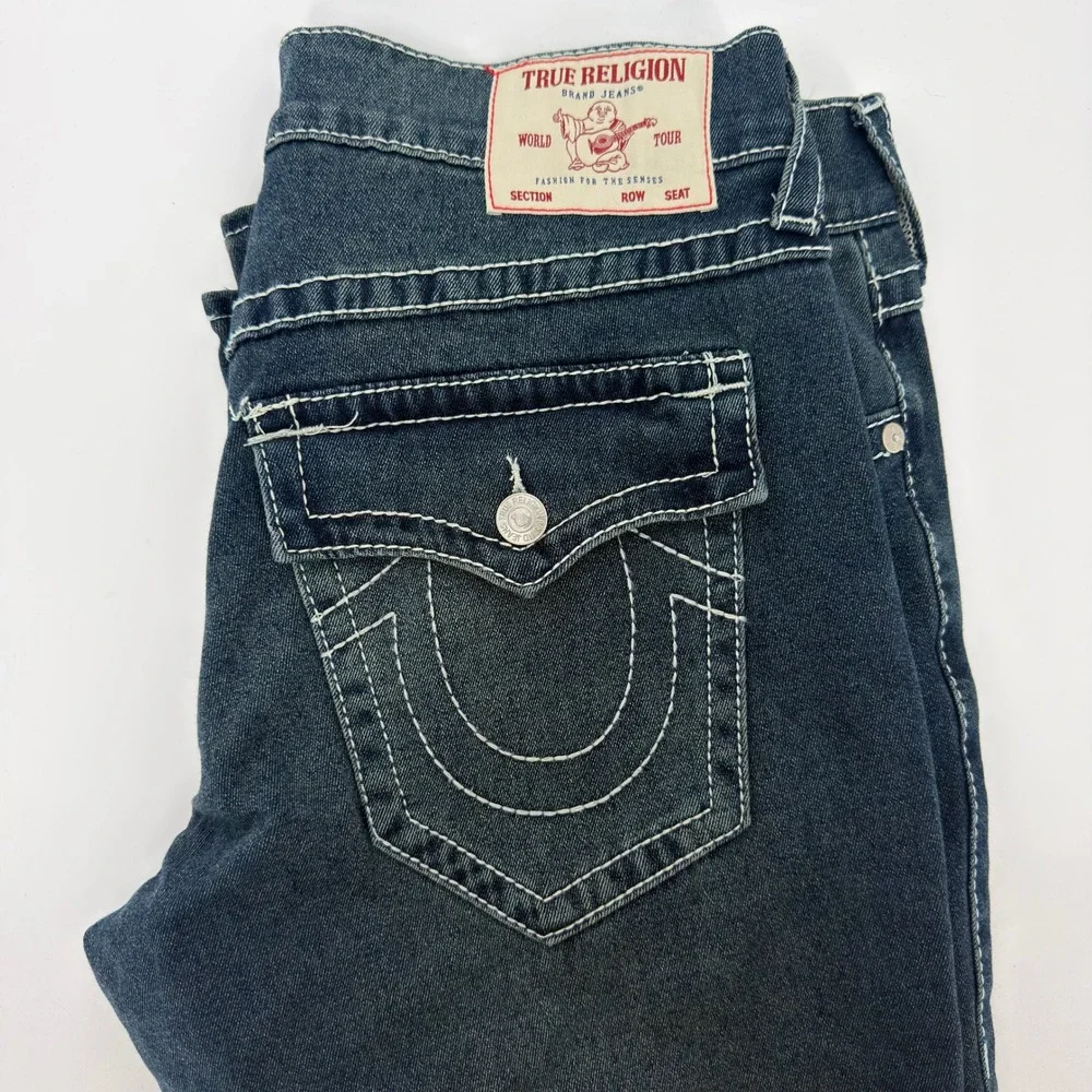 True Religion Ricky Relaxed Straight Dark Wash Contrast Stitch Jeans Mens 36